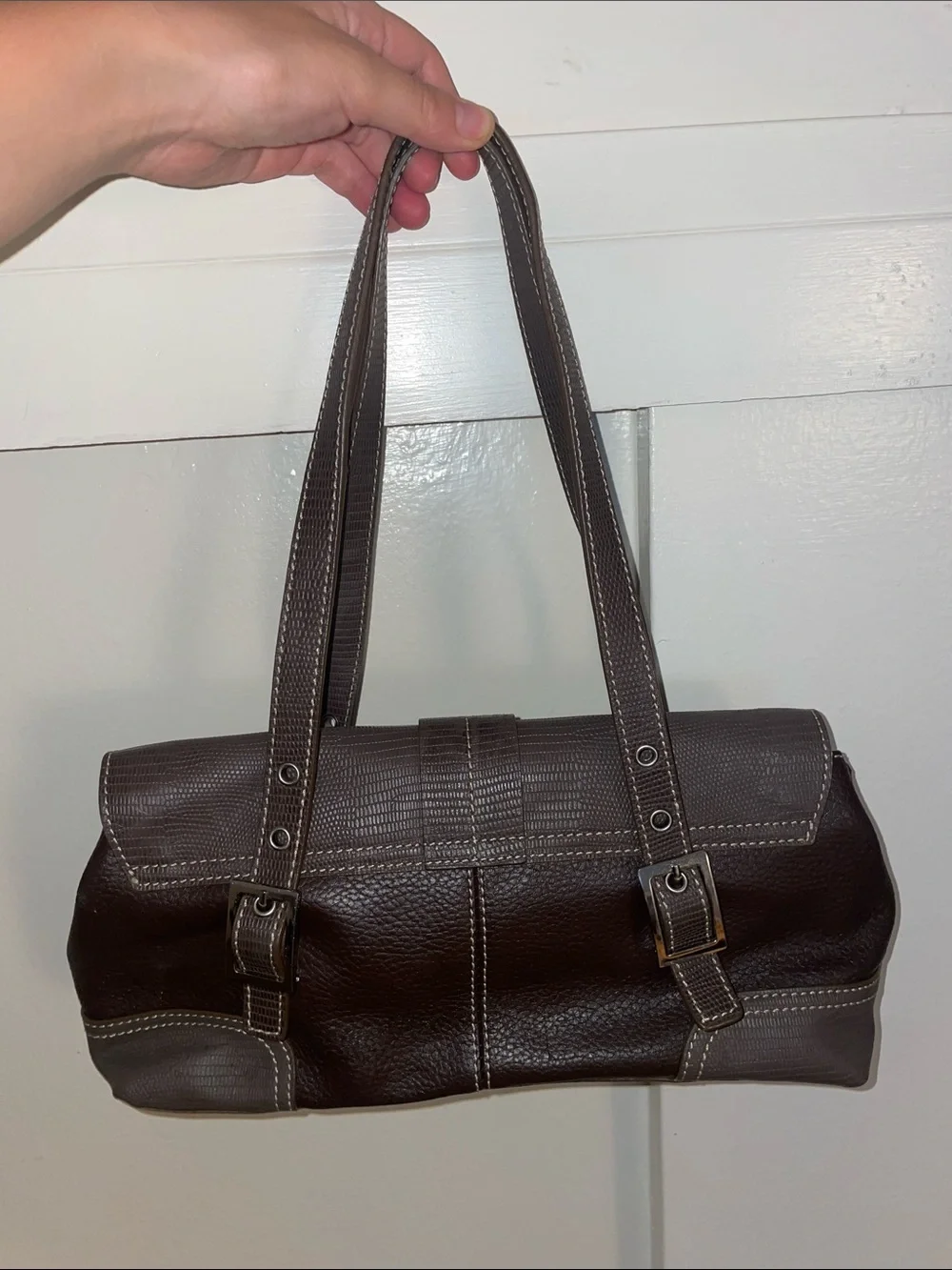 Vintage Dark Brown Shoulder Bag with Buckle Accent